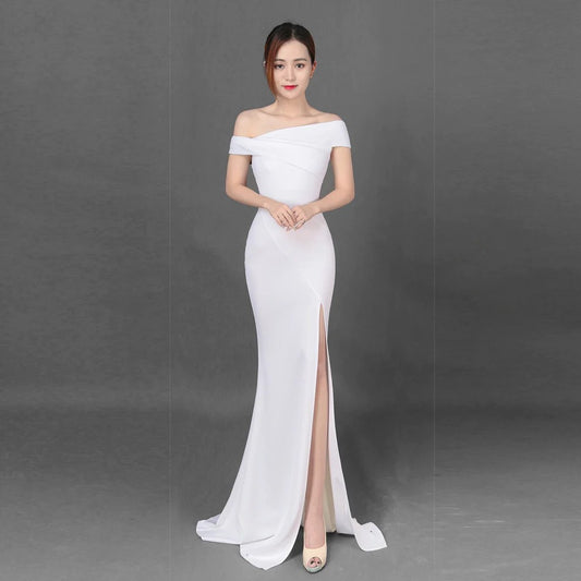 Eva スリットドレス (着丈 サイズオーダー可能) オーダーメイド マーメイドドレス ブラックドレス オフショルダードレス ロングドレス 美脚シルエット 体型補整 高級感 大人セクシー フォーマル ホテルディナー 洗練 夜の余韻 (ホワイト)