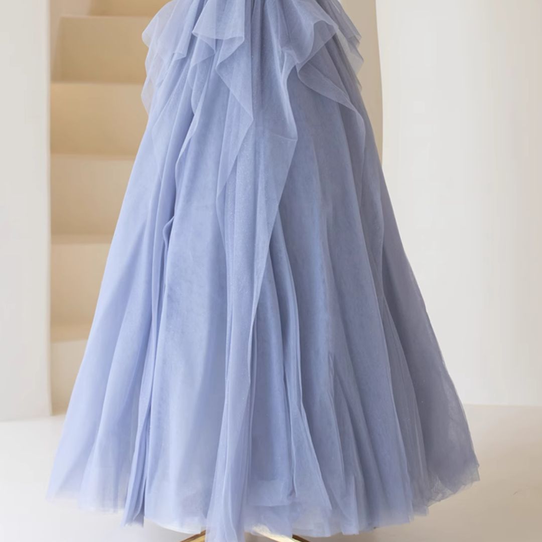 3-hh87 (着丈 サイズオーダー可能) オーダーメイド Aラインドレス ロングドレス チュールドレス オフショルダードレス フォーマルドレス 上質素材 ボリュームスカート クラシックホテル 大階段演出 シャンデリア光 透明感 気品 美シルエット 大人女性 正装 結婚式 披露宴 演奏会 晩餐会 パーティー 高級感 日本人女性向け (ブルー)XS S M L XL XXL XXXL