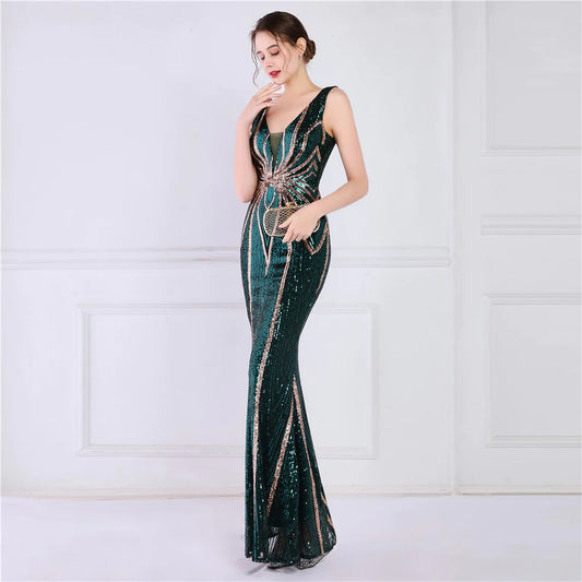 heimored スパンコールドレス (着丈 サイズオーダー可能) オーダーメイド ロングドレス グリーンドレス ノースリーブ 曲線ビジュー 美シルエット 体型補整 スレンダーライン 高級感 演奏会 ラグジュアリー ステージ映え (グリーン)