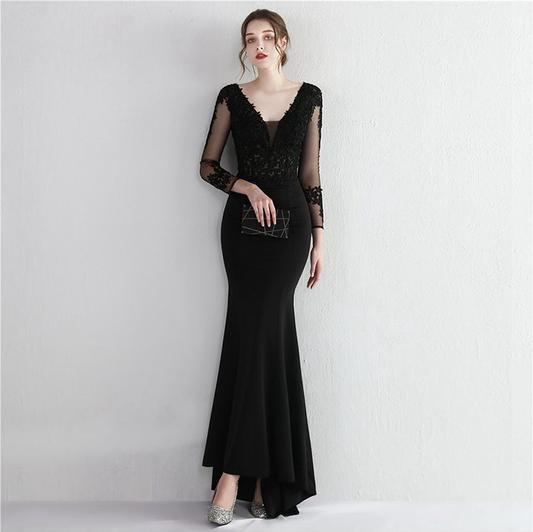 harmony マーメイドドレス オーダーメイド (着丈 サイズ調整可) ロングドレス 長袖ドレス レーススリーブ 深紅ドレス 体型補整 美シルエット 高級感 ラグジュアリー 大人の色気 ホテルディナー 特別な夜 (ブラック)