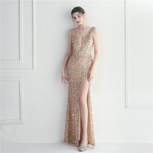 37474 マーメイドドレス (着丈 サイズオーダー可能) オーダーメイド ロングドレス スパンコールドレス スリットドレス ブラックドレス Vネックデザイン 美シルエット 体型補整 高級感 大人フェミニン ホテルディナー フォーマルシーン (ゴールド)