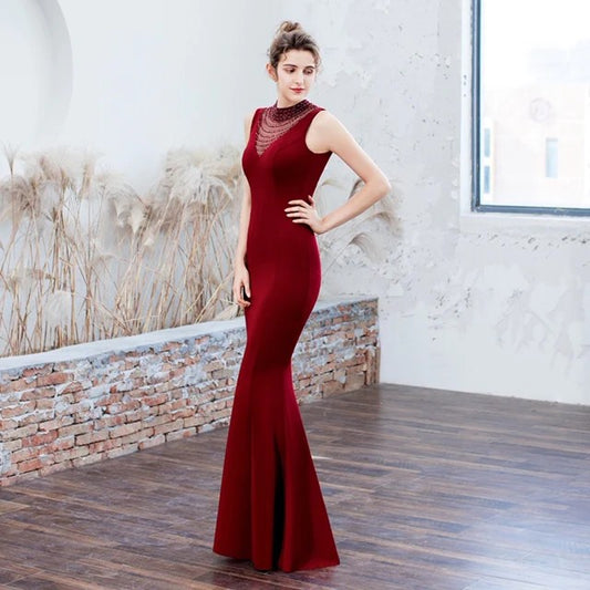 lorred マーメイドドレス (着丈 サイズオーダー可能) オーダーメイド ロングドレス ハイネックドレス シースルードレス ブラックドレス ノースリーブドレス 上質素材 高級感 美シルエット 透明感 体型補整 大人上品 静かな華やぎ ホテルディナー 日本人女性 プレミアム ラグジュアリー フォーマル エレガント パーティー (レッド)