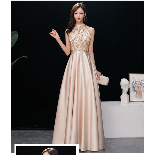 3-5663 Aラインドレス (着丈 サイズオーダー可能) オーダーメイド ロングドレス ノースリーブドレス アプリコットドレス ベージュ系 チュールドレス レース ビジュー 刺繍 上質素材 高級感 気品 透明感 清楚 大人の余裕 静かな美しさ ホテルラウンジ シャンデリア 自然光 クラシック空間 立体シルエット 美脚効果 体型補正 フォーマル 結婚式 披露宴 演奏会 特別な夜 (ゴールド)