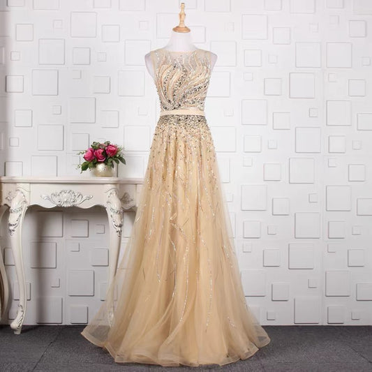 豪華オールビジュードレス n1011 Aラインドレス (着丈 サイズオーダー可能) オーダーメイド ロングドレス ノースリーブドレス レースドレス チュールドレス シアー素材 微光沢 透明感 美シルエット ホテルラウンジ 夕景 サンセット光 気品 大人女性 ラグジュアリー フォーマル 結婚式 演奏会 パーティー 特別な夜 (ベージュ)