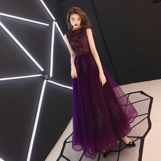 アルカドレス(ARUKA DRESS) a1401a オーダーメイド(着丈・サイズ可) グラデーション チュール ビジュー ハイネック ロングドレス 結婚式/演奏会 パーティー 高級感 写真映え 体型カバー 大きいサイズ (パープル)XS S M L XL XXL XXXL