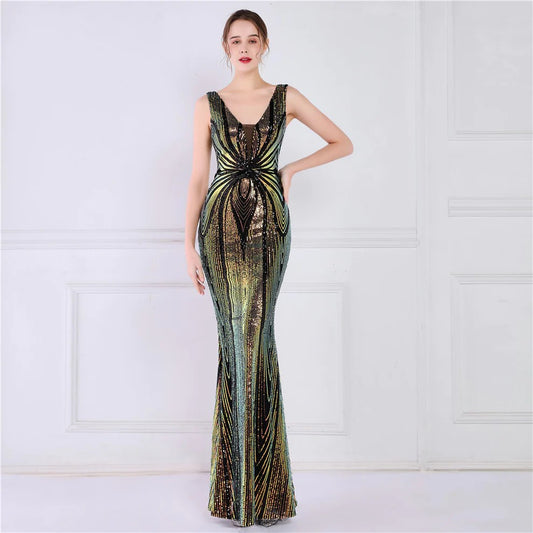 heimored スパンコールドレス (着丈 サイズオーダー可能) オーダーメイド ロングドレス グリーンドレス ノースリーブ 曲線ビジュー 美シルエット 体型補整 スレンダーライン 高級感 演奏会 ラグジュアリー ステージ映え (グリーン)