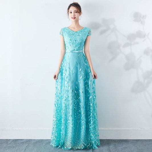 アルカドレス(ARUKA DRESS) 4-784f パーティードレス 結婚式 お呼ばれ 二次会 披露宴 ロングドレス ワンピース Aラインドレス オーダーメイド 着丈サイズオーダー可 レース 袖あり 体型カバー 大きいサイズ(水色)XS S M L XL XXL XXXL