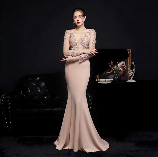 harmony マーメイドドレス オーダーメイド (着丈 サイズ調整可) ロングドレス 長袖ドレス レーススリーブ 深紅ドレス 体型補整 美シルエット 高級感 ラグジュアリー 大人の色気 ホテルディナー 特別な夜 (ベージュ)
