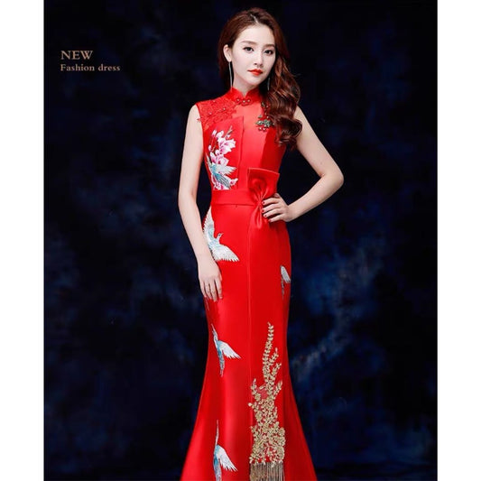 アルカドレス(ARUKA DRESS) 3-fjs6red チャイナドレス パーティードレス 結婚式 ロングドレス オーダーメイド 刺繍 体型補整 大きいサイズ スタンドカラー 袖あり サテン 高級感 (レッド)XS S M L XL XXL XXXL