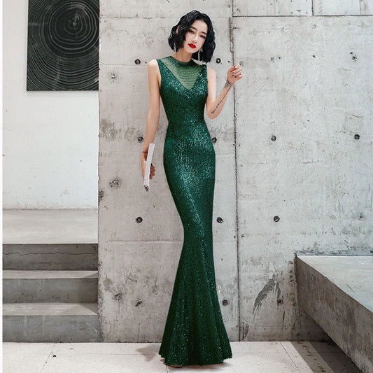 n2035 スパンコールドレス (着丈 サイズオーダー可能) オーダーメイド マーメイドドレス ロングドレス ノースリーブドレス スリムフィット ハイネック風 ダークグリーンドレス 体型補整 透明感 上品セクシー レセプション ホテルディナー ラグジュアリー (グリーン)