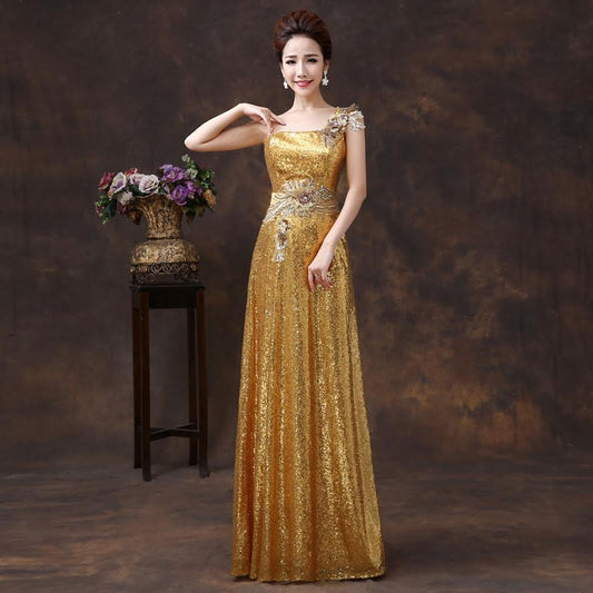 goldfishgold スパンコールドレス (着丈 サイズオーダー可能) オーダーメイド ロングドレス ワンショルダードレス フラワーモチーフ Aラインシルエット 体型補整 美シルエット 高級感 上質素材 透明感 大人上品 ホテルパーティー 特別な夜 (ゴールド)