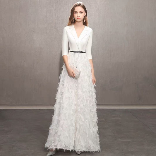 アルカドレス(ARUKA DRESS) 3-dhds7red ホワイトドレス パーティードレス 結婚式 ロングドレス Aラインドレス オーダーメイド 着丈サイズオーダー可 七分袖 レース Vネック 体型補整 お呼ばれ 二次会 披露宴 大きいサイズ (ホワイト)XS S M L XL XXL XXXL