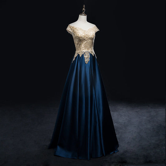 6543-ta Aラインドレス (着丈 サイズオーダー可能) オーダーメイド ロングドレス ネイビー×ゴールドドレス ビジューレーストップス サテンスカート オフショルダー風 体型補整 高級感 ホテルディナー レセプション映え 大人エレガンス (ネイビー)