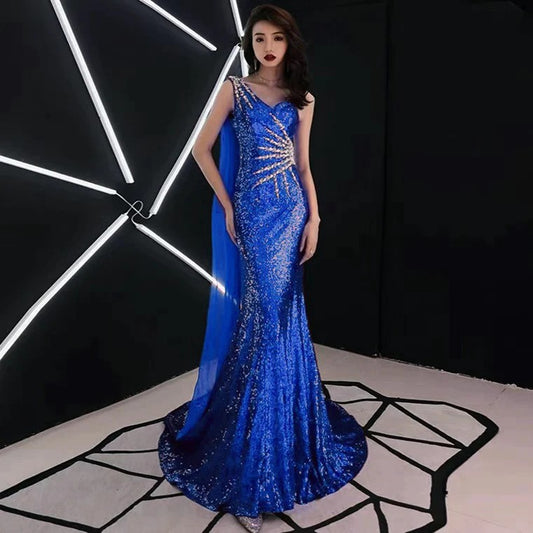 alzbetared スパンコールドレス (着丈 サイズオーダー可能) オーダーメイド マーメイドドレス ロングドレス ケープ付きドレス 深Vネック シアー素材 体型補整 ラグジュアリー レッドドレス 演奏会 ステージ衣装 ホテル撮影 高級感 (ブルー)