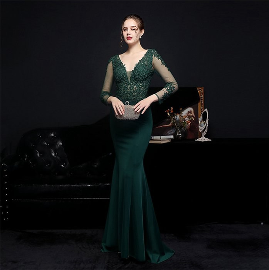 harmony マーメイドドレス オーダーメイド (着丈 サイズ調整可) ロングドレス 長袖ドレス レーススリーブ 深紅ドレス 体型補整 美シルエット 高級感 ラグジュアリー 大人の色気 ホテルディナー 特別な夜 (グリーン)