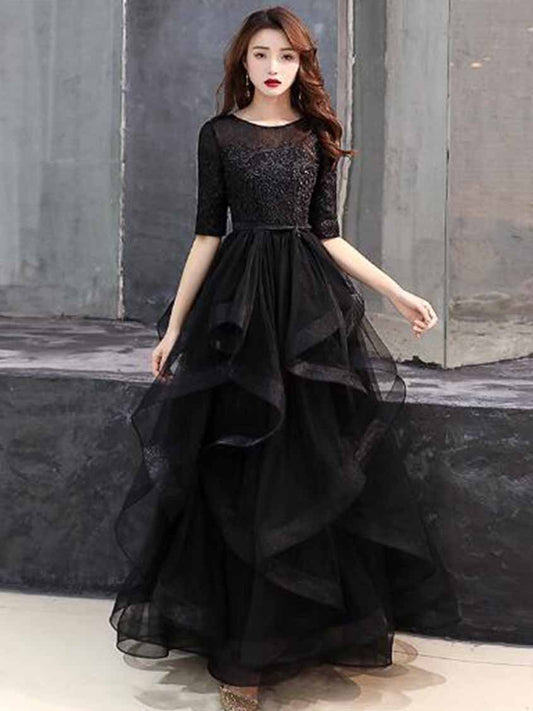 3-444gray Aラインドレス (着丈 サイズオーダー可能) オーダーメイド ロングドレス ラベンダードレス チュールドレス レーストップス 7分袖ドレス 上質素材 高級感 美シルエット 透明感 体型補整 大人上品 静かな華やぎ ホテルディナー 特別な夜 日本人女性 プレミアム ラグジュアリー フォーマル パーティー エレガント (ブラック)