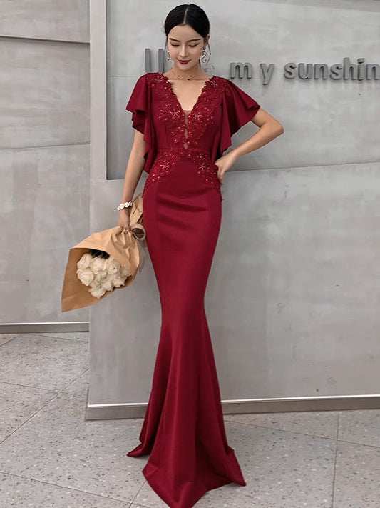 Aurelia マーメイドドレス (着丈 サイズオーダー可能) オーダーメイド ロングドレス ベージュドレス ビジュードレス フレアスリーブ 刺繍入りトップス 体型補整 高級感 ホテルディナー 大人上品 レセプションドレス 美シルエット (レッド)