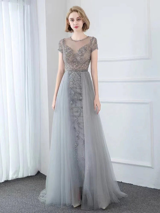 アルカドレス(ARUKA DRESS) agata 豪華オールビジュードレス パーティードレス 結婚式 ロングドレス オーダーメイド(着丈サイズオーダー可) Aライン 豪華オールビジュードレス ワンピース 袖あり 体型カバー 大きいサイズ お呼ばれ 二次会 披露宴(グレー)