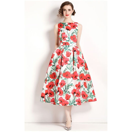 3-jfj7 Aラインドレス (着丈 サイズオーダー可能) オーダーメイド フラワープリントドレス ミディ丈ドレス ノースリーブドレス 美シルエット 上質素材 高級感 透明感 清楚 エレガント 大人上品 揺れ感 日本人女性 ホテルディナー パーティー 結婚式 披露宴 二次会 フォーマル セレモニー プレミアム 華やかさ (ホワイトレッド)