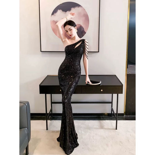Serena マーメイドドレス (着丈 サイズオーダー可能) オーダーメイドドレス ロングドレス スパンコール素材 ブラックドレス 体型補整 アシンメトリー 都会派 フォーマルパーティー ホテルシーン映え ラグジュアリードレス 静かな色気 (ブラック)