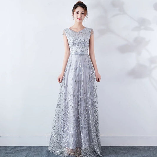 4-784f Aラインドレス (着丈 サイズオーダー可能) オーダーメイド ロングドレス レースドレス ブラックドレス Vネックドレス 半袖ドレス 上質素材 高級感 美シルエット 透明感 体型補整 大人上品 静かな華やぎ ホテルディナー 特別な夜 日本人女性 プレミアム ラグジュアリー フォーマル パーティー エレガント (グレー)