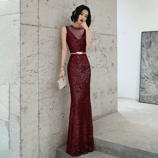 n2035 スパンコールドレス (着丈 サイズオーダー可能) オーダーメイド マーメイドドレス ロングドレス ノースリーブドレス スリムフィット ハイネック風 ダークグリーンドレス 体型補整 透明感 上品セクシー レセプション ホテルディナー ラグジュアリー (レッド)