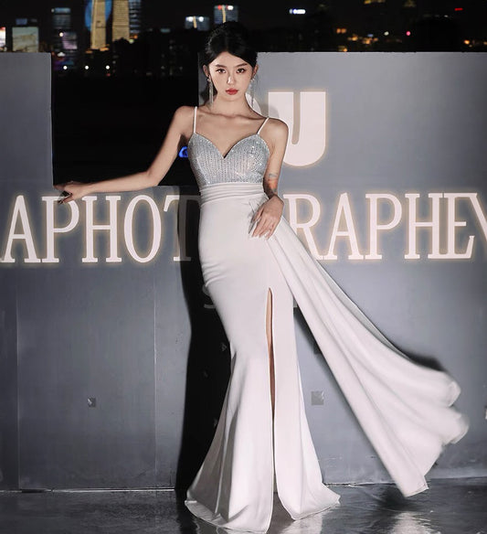 アルカドレス(ARUKA DRESS) 7373-ta-1 オーダーメイド スリット マーメイドロング スパンコールトップ ノースリーブ 結婚式/二次会/披露宴 お呼ばれ 大きいサイズ 高級感 写真映え (ホワイト)XS S M L XL XXL XXXL