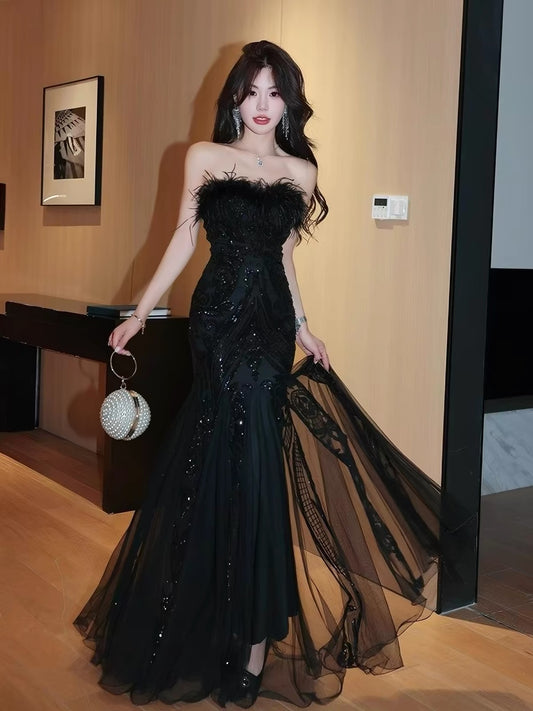 アルカドレス(ARUKA DRESS) Viviane オーダーメイド(着丈・サイズ可) マーメイドロングドレス オフショル ブルードレス ビジューレース 結婚式/披露宴/二次会 お呼ばれ 体型カバー (ブラック)XS S M L XL XXL XXXL