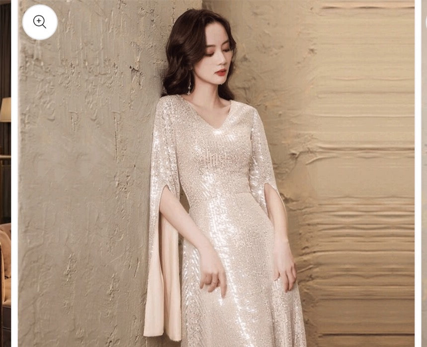 3-fjjf8 (着丈 サイズオーダー可能) オーダーメイド マーメイドドレス ロングドレス 長袖ドレス ビジュードレス フォーマルドレス 上質素材 繊細スパンコール Vネック ホテルラウンジ 夜景照明 曲線美 体型補整 気品 透明感 大人女性 正装 結婚式 演奏会 晩餐会 パーティー 高級感 日本人女性向け (シルバー)XS S M L XL XXL XXXL