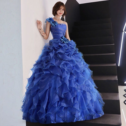 アルカドレス(ARUKA DRESS) Valeria オーダーメイド (着丈 サイズオーダー可能) ロングドレス 結婚式 パーティードレス ワンショルダー ボリューム ラッフル 体型カバー 大きいサイズ 写真映え 主役級 (ロイヤルブルー)XS S M L XL XXL XXXL