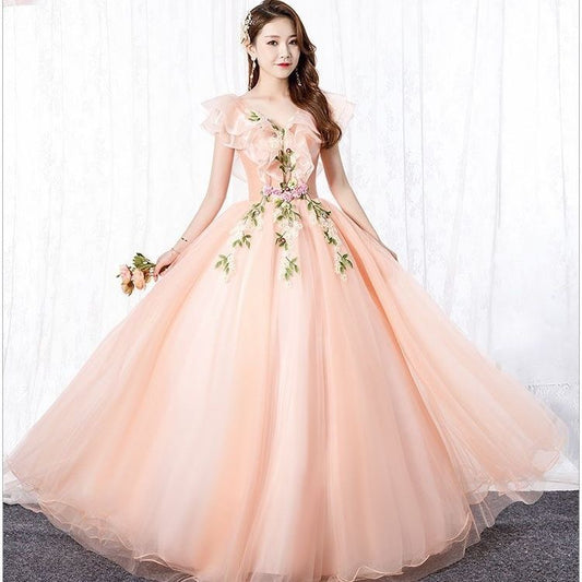 アルカドレス(ARUKA DRESS) Gracia オーダーメイド(着丈/サイズ可) プリンセスラインドレス ロング チュール 花刺繍 Aライン 袖あり 結婚式/パーティー 体型カバー 大きいサイズ (アプリコット)XS S M L XL XXL XXXL