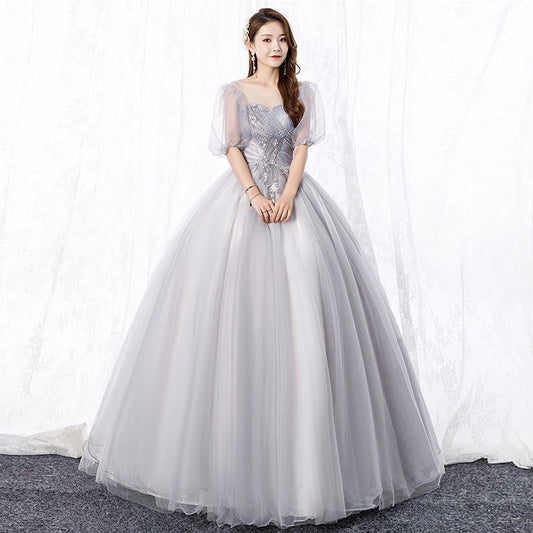 アルカドレス(ARUKA DRESS) Graciana オーダーメイド(着丈/サイズオーダー可) プリンセスライン ロングチュールドレス ビジュー 五分袖 結婚式/パーティー 体型カバー 大きいサイズ (グレー)XS S M L XL XXL XXXL