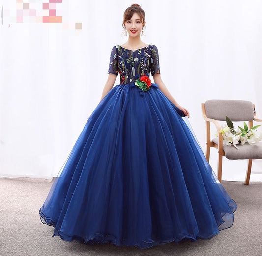 アルカドレス(ARUKA DRESS) Graciela オーダーメイド プリンセスライン ロングドレス チュールドレス 刺繍トップス ネイビードレス 結婚式/披露宴 パーティードレス 高級感 写真映え (ネイビー)XS S M L XL XXL XXXL