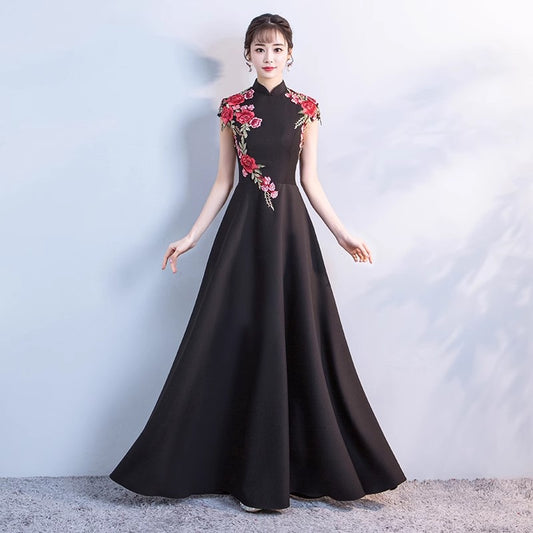 アルカドレス(ARUKA DRESS) Catharina チャイナドレス オーダーメイド(着丈・サイズ可) ブラック 刺繍ロングドレス スタンドカラー 体型補整 体型カバー 大きいサイズ 結婚式/披露宴/二次会 お呼ばれ 舞台映え 写真映え (ブラック)XS S M L XL XXL XXXL