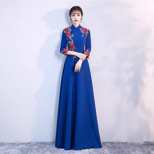 Catharina チャイナドレス (着丈 サイズオーダー可能) オーダーメイド ロングドレス Aラインドレス ハイネックドレス 刺繍入り フレンチスリーブ 美シルエット 体型補整 気品 レトロモダン 高級感 演奏会ドレス フォーマルスタイル (ブルー)