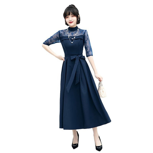 Gudrun ネイビードレス (着丈 サイズオーダー可能) オーダーメイド ミモレ丈ドレス レース袖 ハイネックドレス リボンウエスト 清楚エレガント 上質素材 大人可愛い 気品 フォーマル対応 ホテル会食 セミフォーマル (ネイビー)