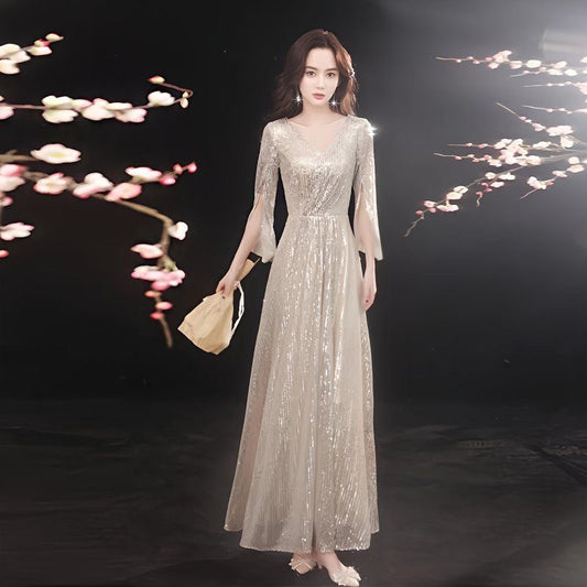 Gunborg Aラインドレス (着丈 サイズオーダー可能) オーダーメイド ロングドレス グリッタードレス チュールドレス 7分袖ドレス シルバードレス 上質素材 高級感 美シルエット 透明感 体型補整 大人上品 静かな華やぎ ホテルディナー 特別な夜 日本人女性 プレミアム ラグジュアリー エレガント パーティー フォーマル (ゴールド)