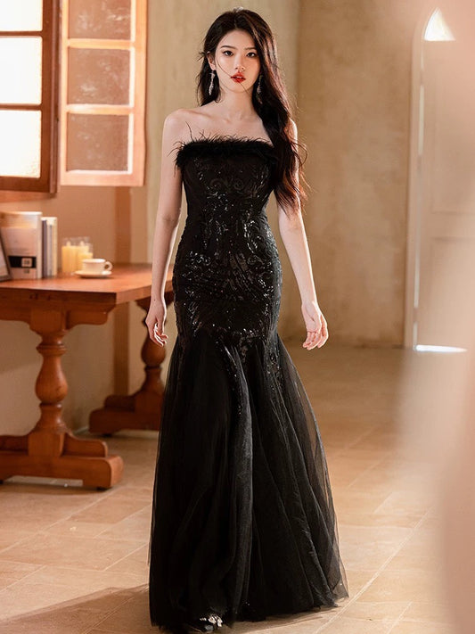 アルカドレス(ARUKA DRESS) Nieves オーダーメイド(着丈・サイズ可) グリッタードレス マーメイドロング ストラップレス 体型カバー 結婚式/披露宴/二次会 お呼ばれ フォーマル 写真映え クラッチバッグ付き (ブラック)XS S M L XL XXL XXXL