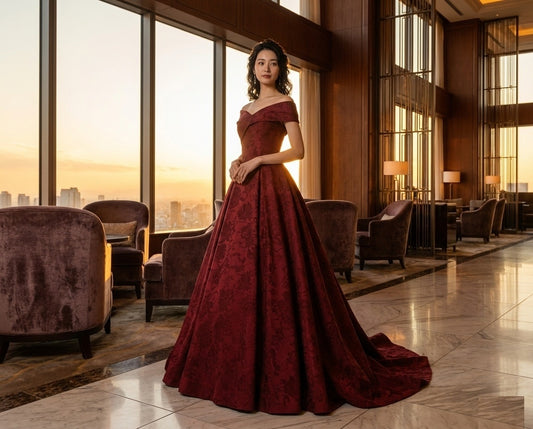 Aitana 自社製 あす楽 ドレス セミオーダー可 ロングドレス イブニングドAitana オーダーメイド Aラインドレス ジャカード調優雅オフショルダー王道エレガンス (レッド)レス カラードレス ブライズメイド マーメイドドレス ステージドレス お急ぎ 演奏会 大きいサイズ 結婚式二次会 お呼ばれ 結婚式 発表会 ロング丈 即日発送 上品 ピアノ発表会 成人式dress