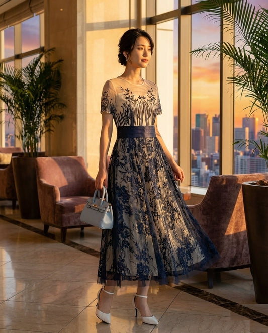 thelma Aラインドレス ネイビー S M L XL XXL 即日発送 即納 結婚式 パーティードレス 体型カバー 小柄 ゆったり マタニティ ブラジャー 20代 30代 40代 50代 ブランド ワンピース シャンパン 夏 持ち運び