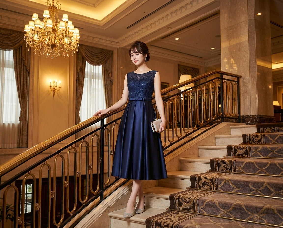 ARGUE - ［Argue］コットンリネンイブニングドレスチュニック 結婚式ドレスはAラインのミモレ丈でレースが上品、披露宴にも対応する