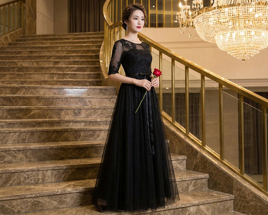 benjamin Aラインドレス (着丈 サイズオーダー可能) オーダーメイド ロングドレス ノースリーブドレス ブラックドレス チュール レース ビジュー 刺繍 上質素材 高級感 気品 透明感 大人の余裕 静かな美しさ クラシックホテル 大階段 シャンデリア ゴールデンライティング ラグジュアリー 光演出 立体シルエット 体型補正 フォーマル 晩餐会 特別な夜 (ブラック)