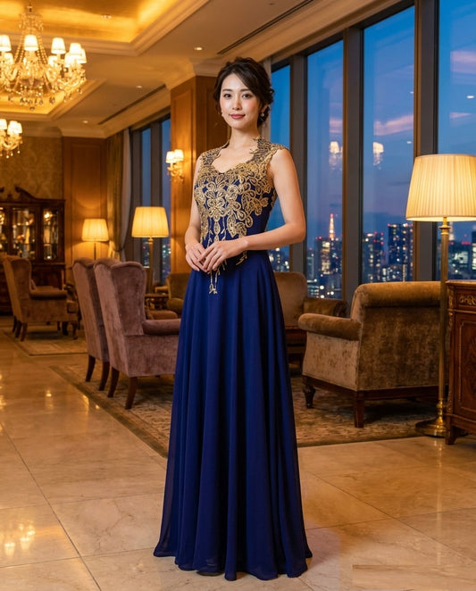 Celeste Aラインドレス (着丈 サイズオーダー可能) オーダーメイド ロングドレス ネイビー ノースリーブドレス ビジュードレス 刺繍 高級ドレス イブニングドレス パーティードレス ホテルラウンジ 夜景 シャンデリア ラグジュアリー 気品 知的 透明感 大人女性 日本人女性 着用想定 美シルエット 縦ライン 主役級 記念日 フォーマル 楽天人気 (ネイビー)
