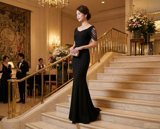 Laparra (着丈 サイズオーダー可能) マーメイドドレス ロングドレス ノースリーブドレス オーダーメイド 高級ドレス フォーマルドレス パーティードレス ブラックドレス 美シルエット 気品 透明感 日本人女性 凛とした佇まい ホテル大階段 夜の照明 シャンデリア映え 主役級 楽天市場人気 結婚式 演奏会 ガラディナー 特別な夜 (ブラック)