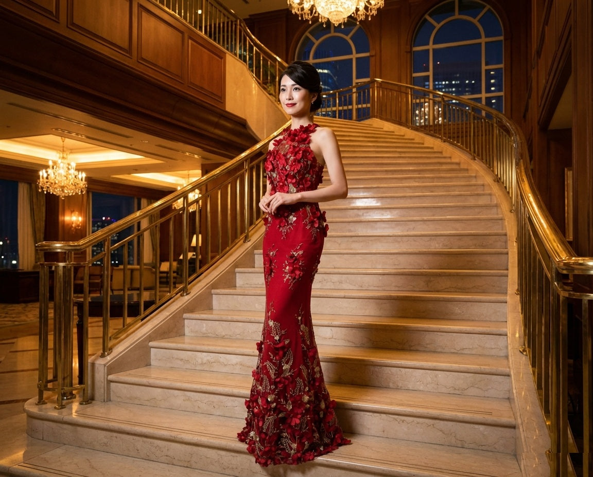 yvo マーメイドドレス ゴールド刺繍ロング フローラルエレガンス オーダーメイド (レッド)