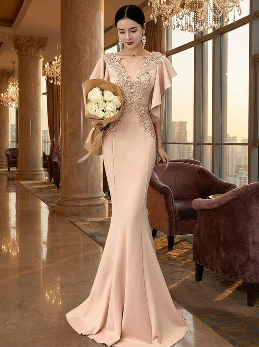 Aurelia (着丈 サイズオーダー可能) マーメイドドレス オーダーメイド ロングドレス ノースリーブドレス ベージュドレス 上質サテン 微光沢 立体裁断 体型補整 美シルエット クラシックホテル 回廊 自然光 気品 透明感 大人女性 ラグジュアリー フォーマル 結婚式 演奏会 パーティー 特別な夜 (ピンク)