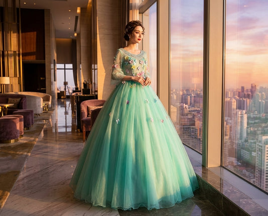 alicia オーダーメイド ベルスリーブ ロングドレス 夢幻的 立体バタフライ 都会の夜景 イブニング (グリーン)