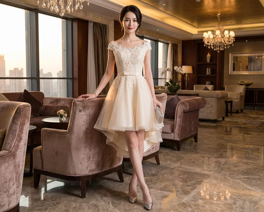 Ducasse フィッシュテール パーティードレス レース 優美 軽やか ホテルランチの主役 オーダーメイド (アプリコット)