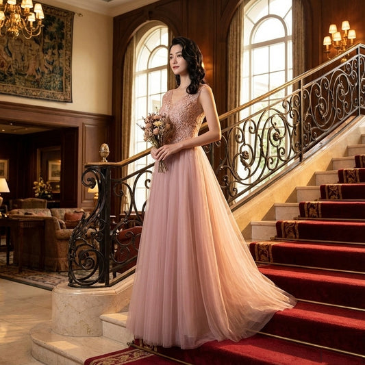 Cernay オーダーメイド Aラインドレス ロング フラワーレース優雅チュール 気品シルエット (ピンク)