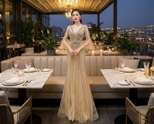 豪華オールビジュードレス reyna マーメイドドレス ゴールド S M L XL XXL 即日発送 即納 結婚式 パーティードレス 体型カバー 小柄 ゆったり マタニティ ブラジャー 20代 30代 40代 50代 ブランド ワンピース シャンパン 夏 持ち運び